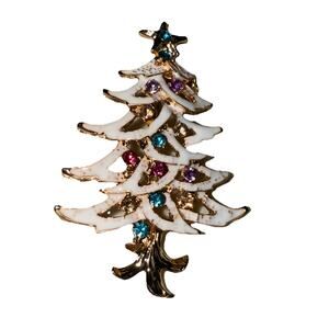 NWT Fashion White Enamel Christmas Tree Crystal Accents 2" x 1 1/4" Brooch Pin